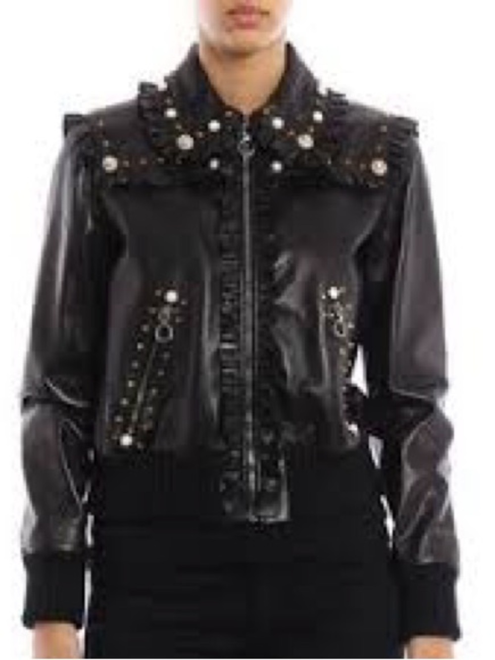 Black Faux Leather Ruffle & Stud Bomber Jacket